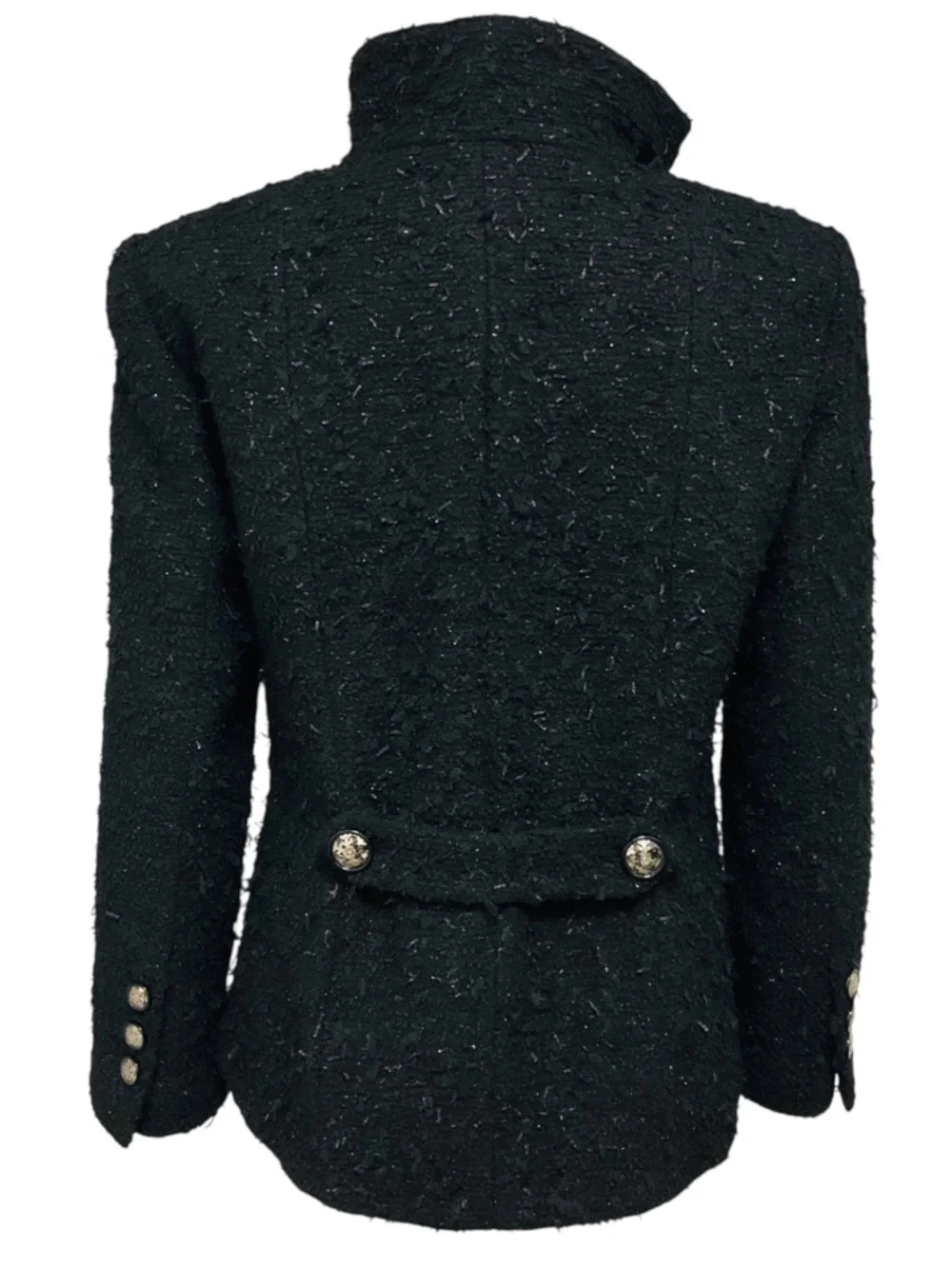 CHANEL BLACK WOOL AND ALPACA TWEED JACKET WITH CC LOGO SNOWFLAKE BUTTONS